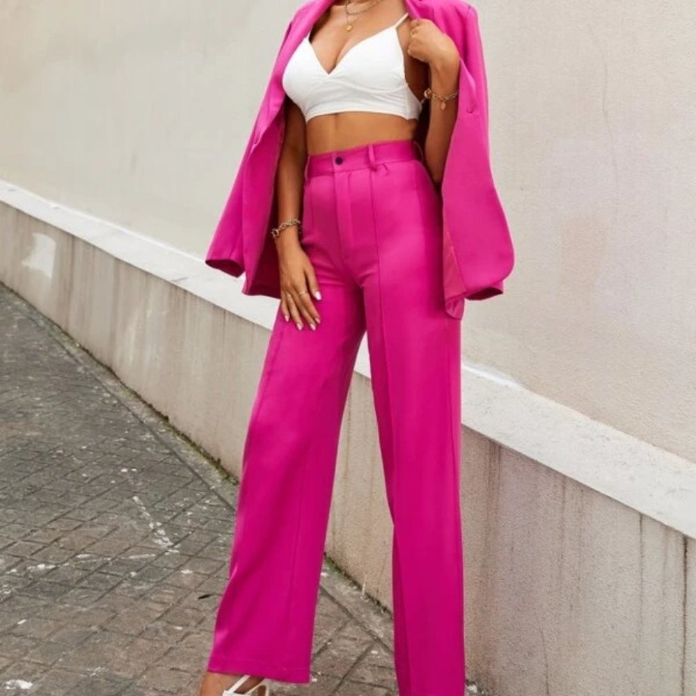 Classic Colorpop High Waist Seam Detailed Pink Straight legged Pants - Picture 3 of 8